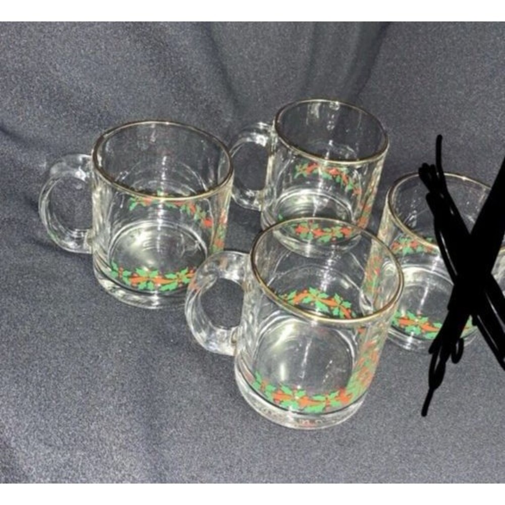 Vintage 80s Holly Berry Christmas Coffee Mug Clear Tea Cup Set (3) Gold Rim USA